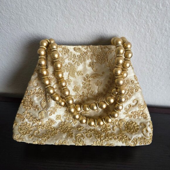 Manyavar Mohey Gold Embroidered Purse Bag Bead Handle Wedding Party Evening - Picture 1 of 6